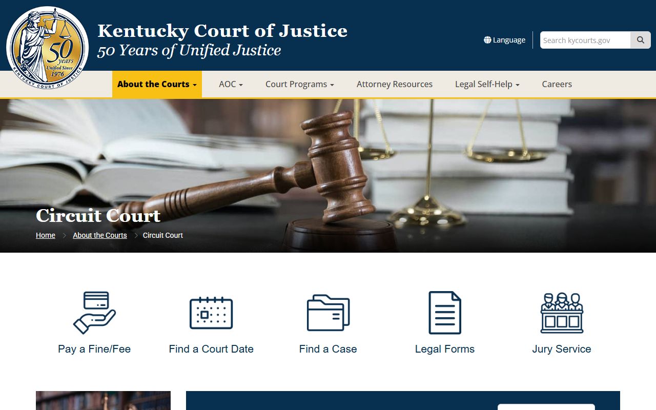 Kentucky Circuit Court information page showing jurisdiction over dissolution cases