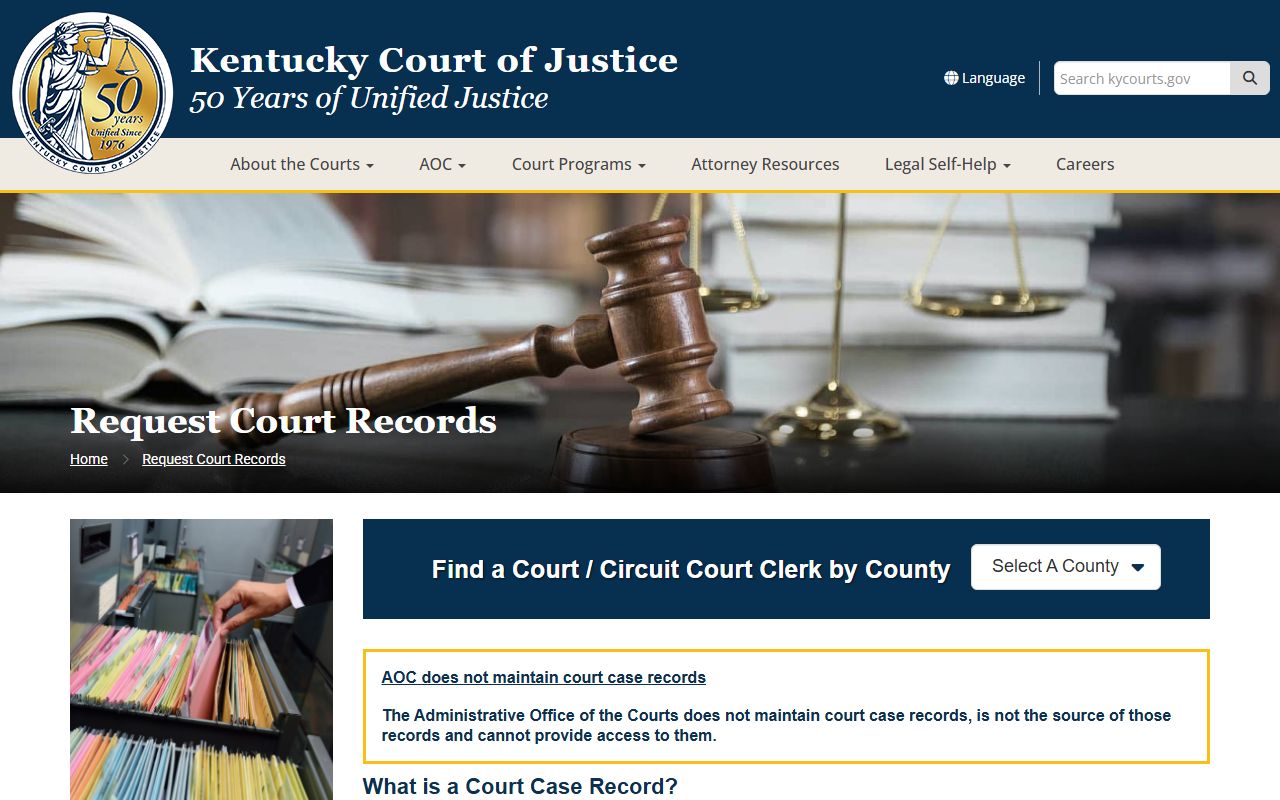 Kentucky court records request page for Independence dissolution cases